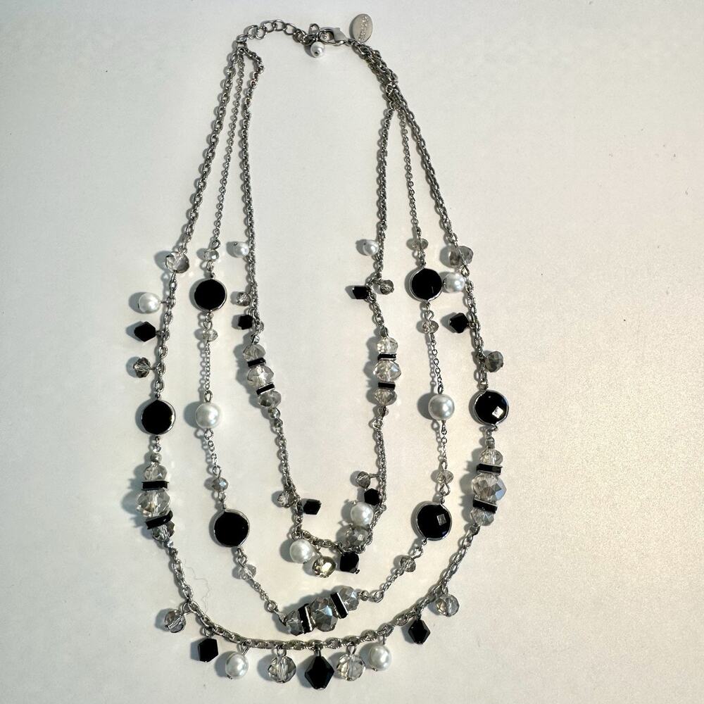 White House Black Market Layered Beaded Necklace Black White Crystal Silver